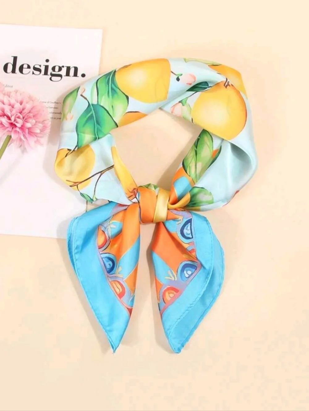 Lemon Print Satin Scarf in Bright Blue & Orange Summer Beach Festival Vacation